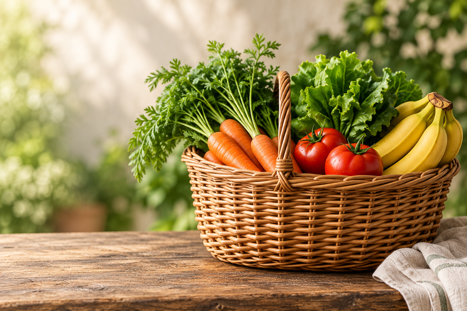 Cesta ilustrativa com verduras, cenouras, tomates e bananas